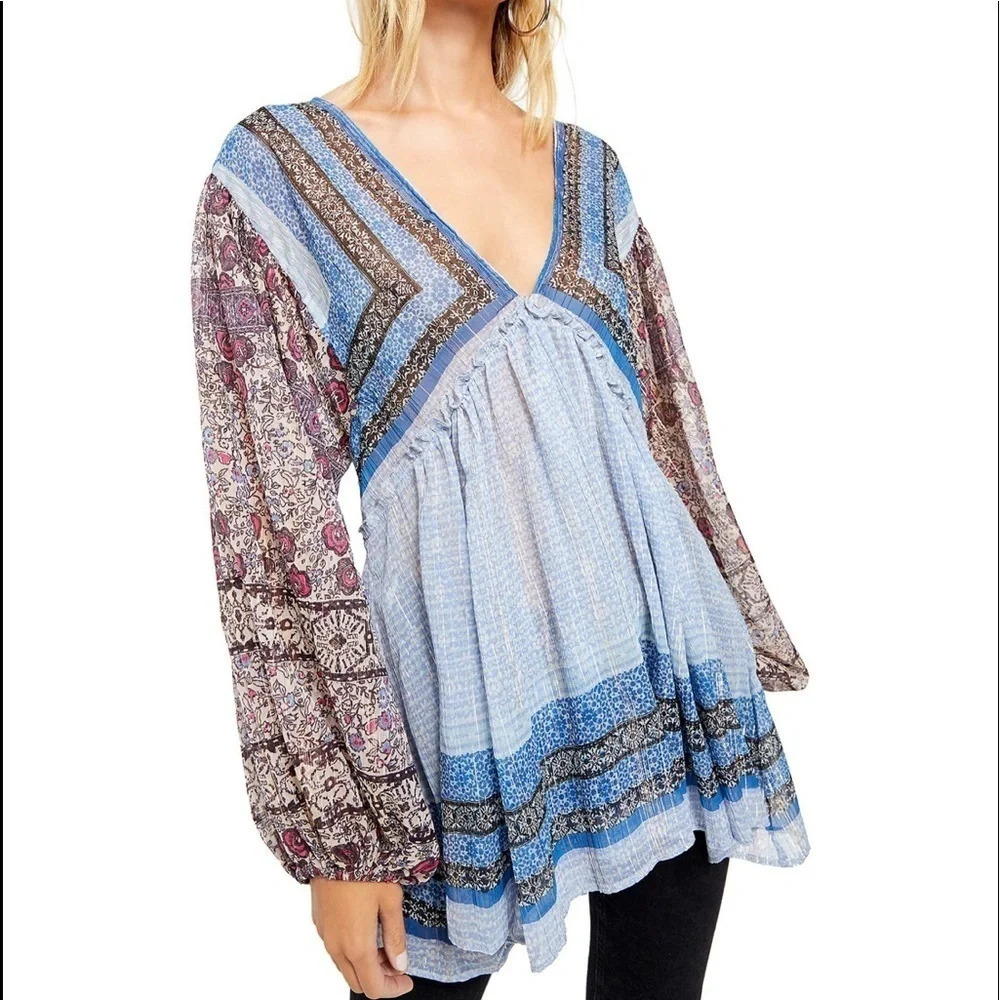 NWT Free People Aliyah Printed Tunic Top V Neck S